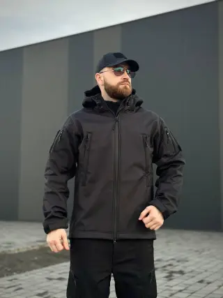 Військова куртка Проклеєна Чорна утеплена на флісі , Soft Shell Military Black БАТАЛИ