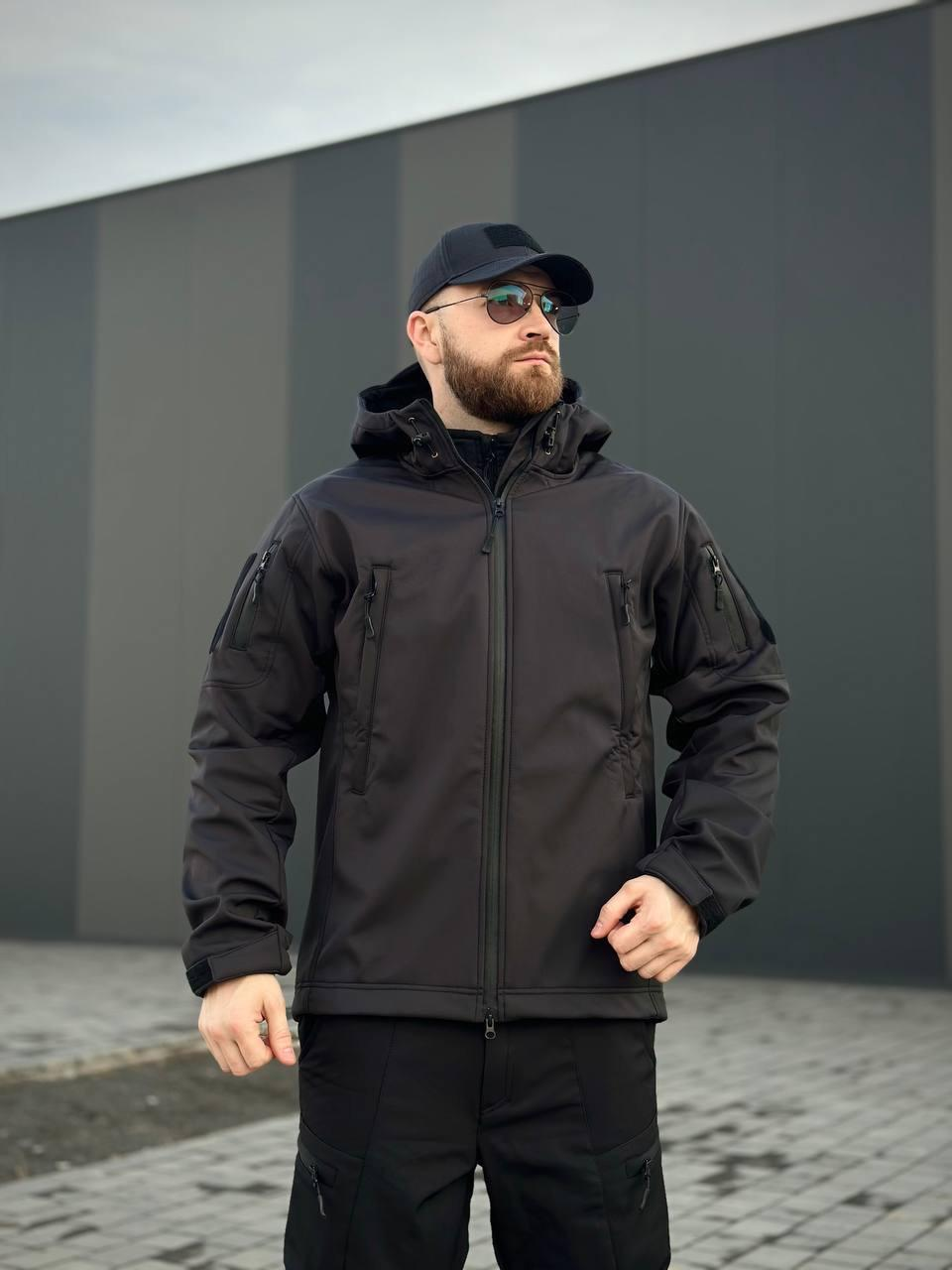 Військова куртка Проклеєна Чорна утеплена на флісі , Soft Shell Military Black БАТАЛИ