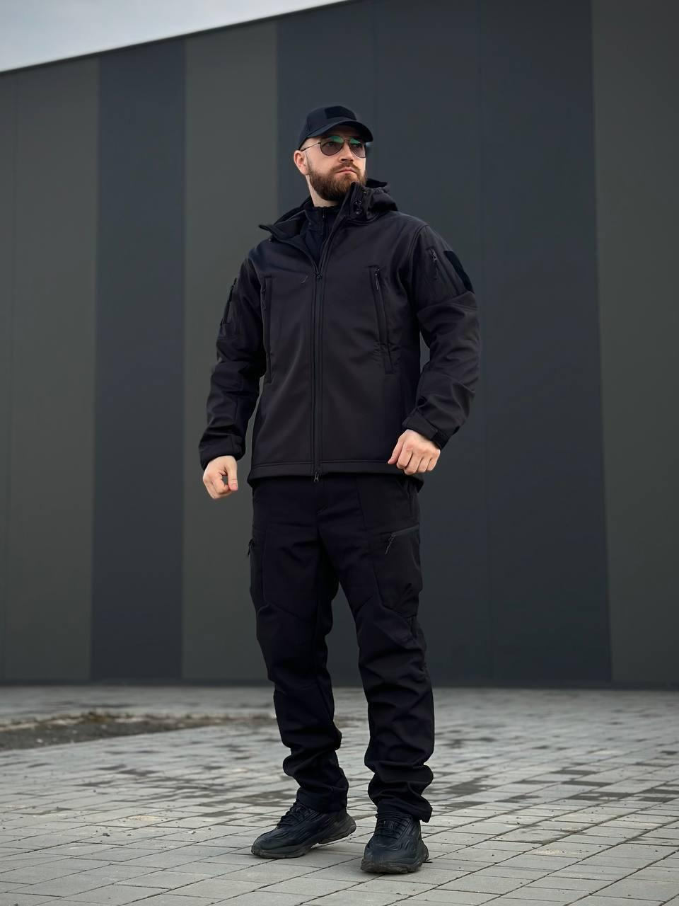 Військова куртка Проклеєна Чорна утеплена на флісі , Soft Shell Military Black БАТАЛИ