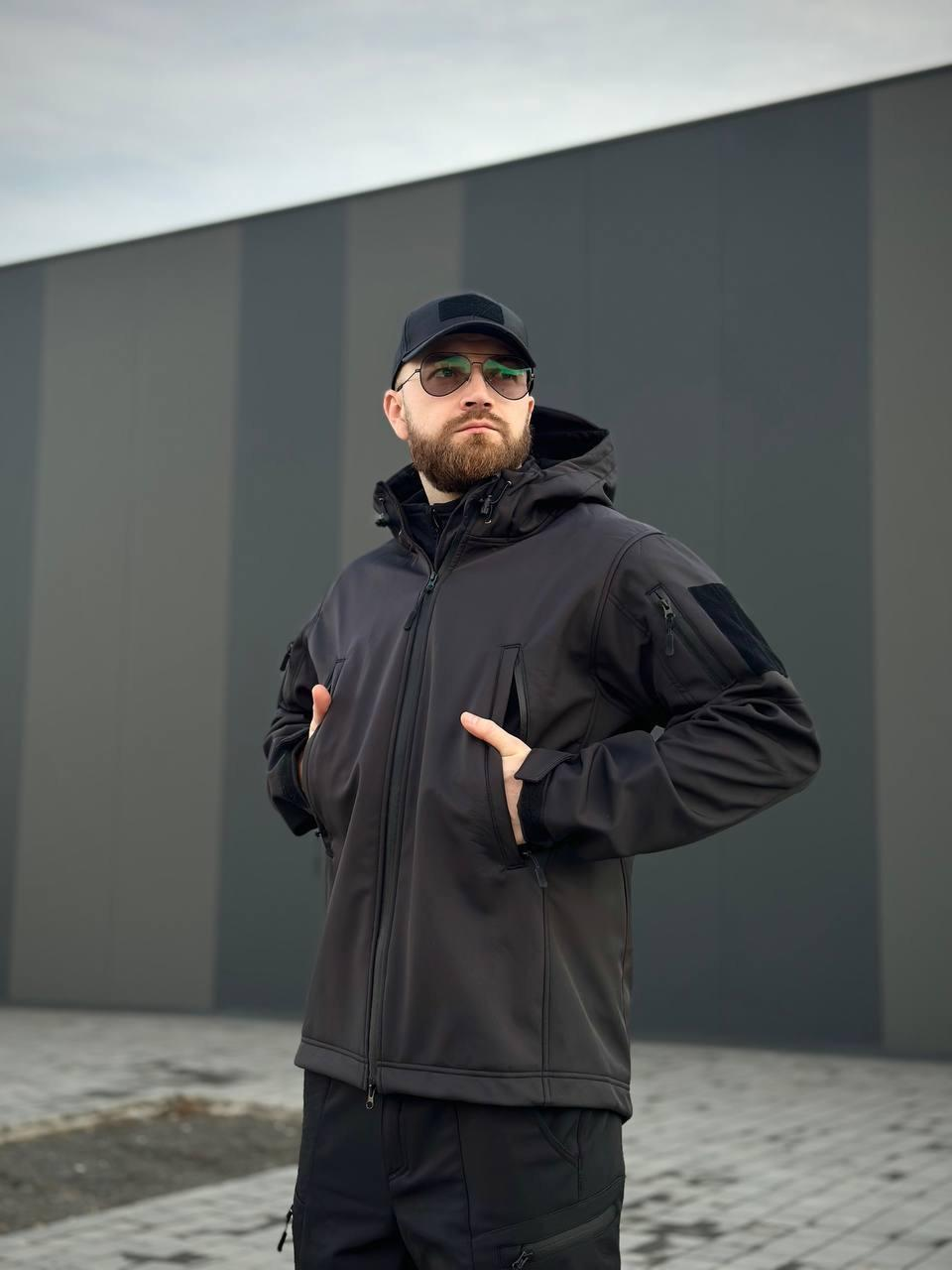 Військова куртка Проклеєна Чорна утеплена на флісі , Soft Shell Military Black БАТАЛИ