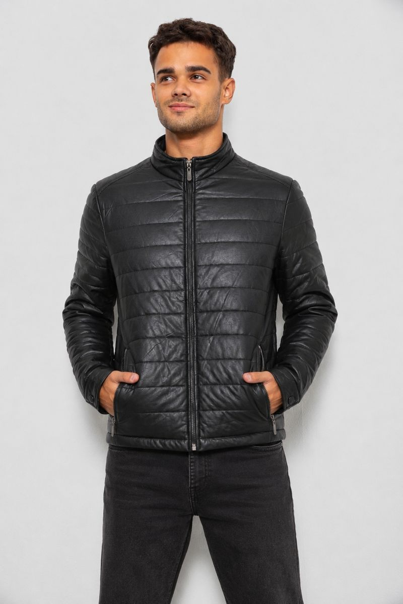 Men's Solid Eco-Leather Jacket, Black Color, 214R866