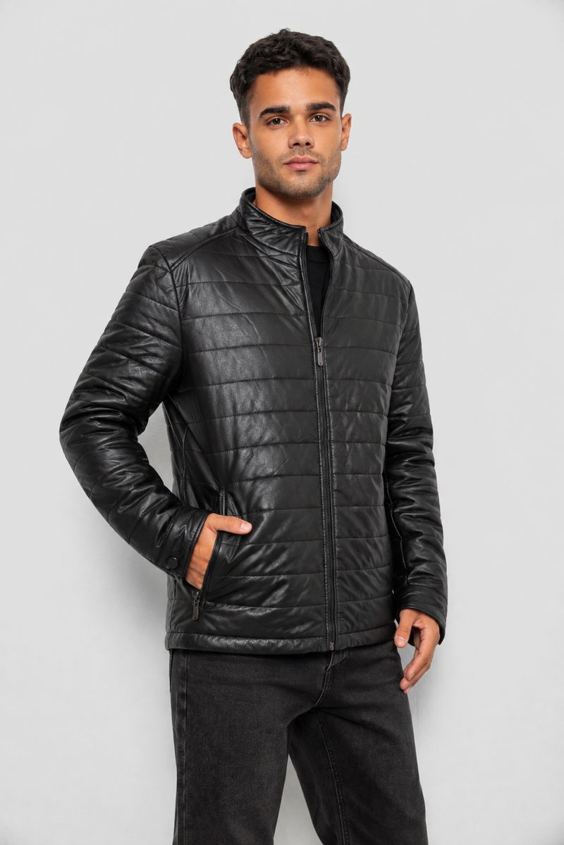 Men's Solid Eco-Leather Jacket, Black Color, 214R866