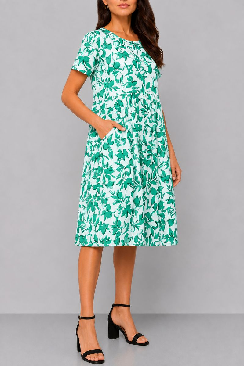 Women's Dress with Print, White-Green Color, 214R209-9