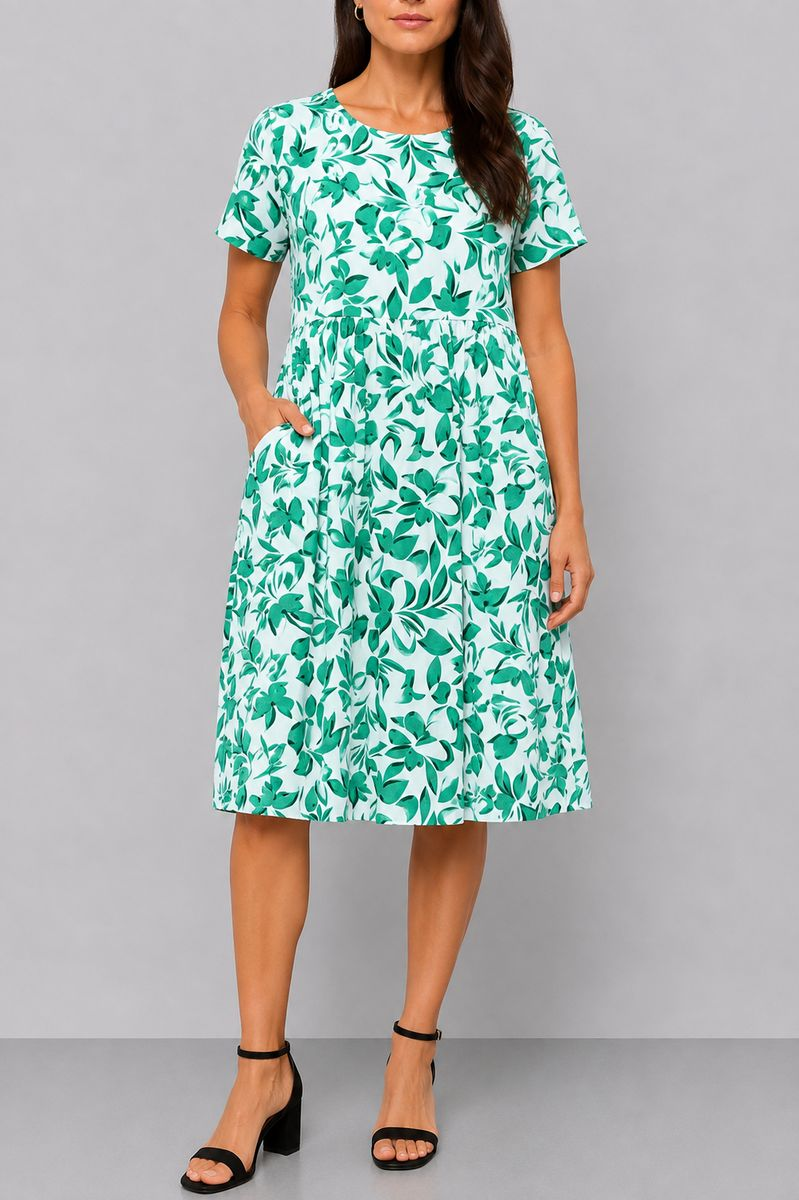 Women's Dress with Print, White-Green Color, 214R209-9