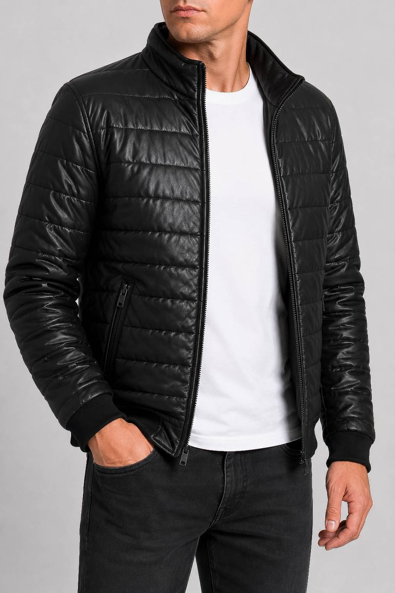 Men's Solid Eco-Leather Jacket, Black Color, 243R715