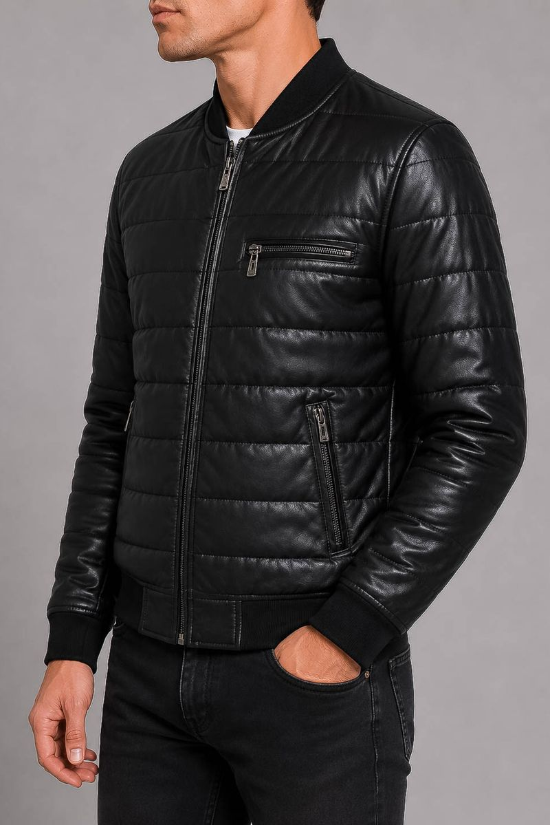 Men's Solid Eco-Leather Jacket, Black Color, 243R1826
