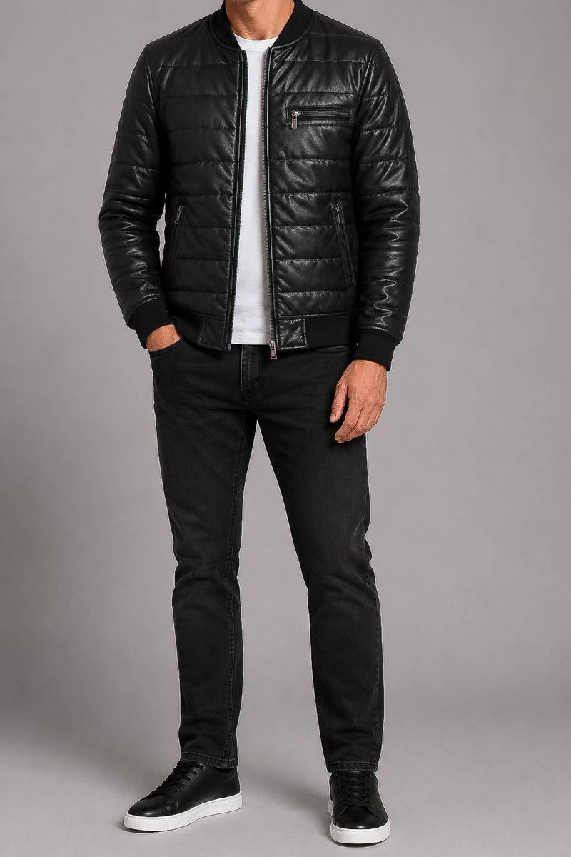 Men's Solid Eco-Leather Jacket, Black Color, 243R1826