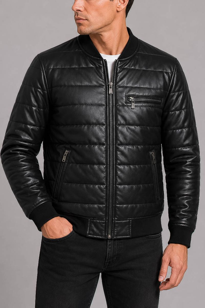 Men's Solid Eco-Leather Jacket, Black Color, 243R1826