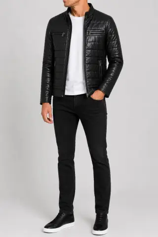 Men's Solid Eco-Leather Jacket, Black Color, 243R1806