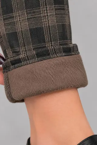 Women's Checkered Pants with Fur Lining, Beige Color, 129R3826-1