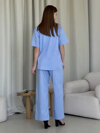 Linen suit with palazzo pants and light blue shirt Lauren
