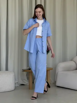 Linen suit with palazzo pants and light blue shirt Lauren