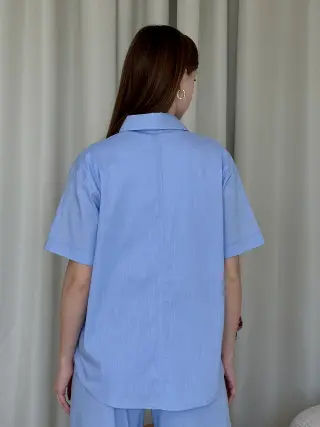 Linen suit with palazzo pants and light blue shirt Lauren