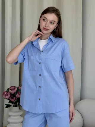 Linen suit with palazzo pants and light blue shirt Lauren