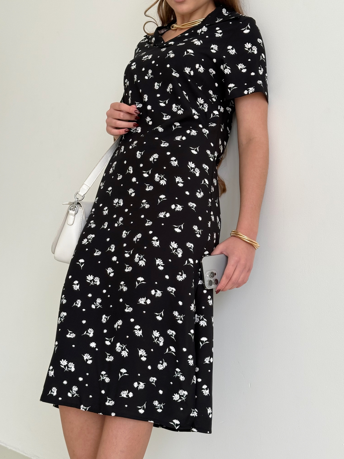 Black Floral Collar Dress in Rayon Tarpy by Merlini