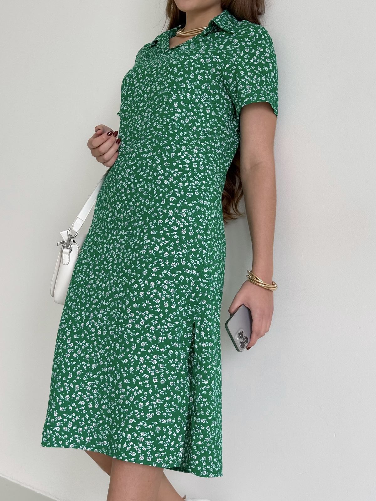 Green Floral Collar Dress in Staple Fabric Merlini Tarpy