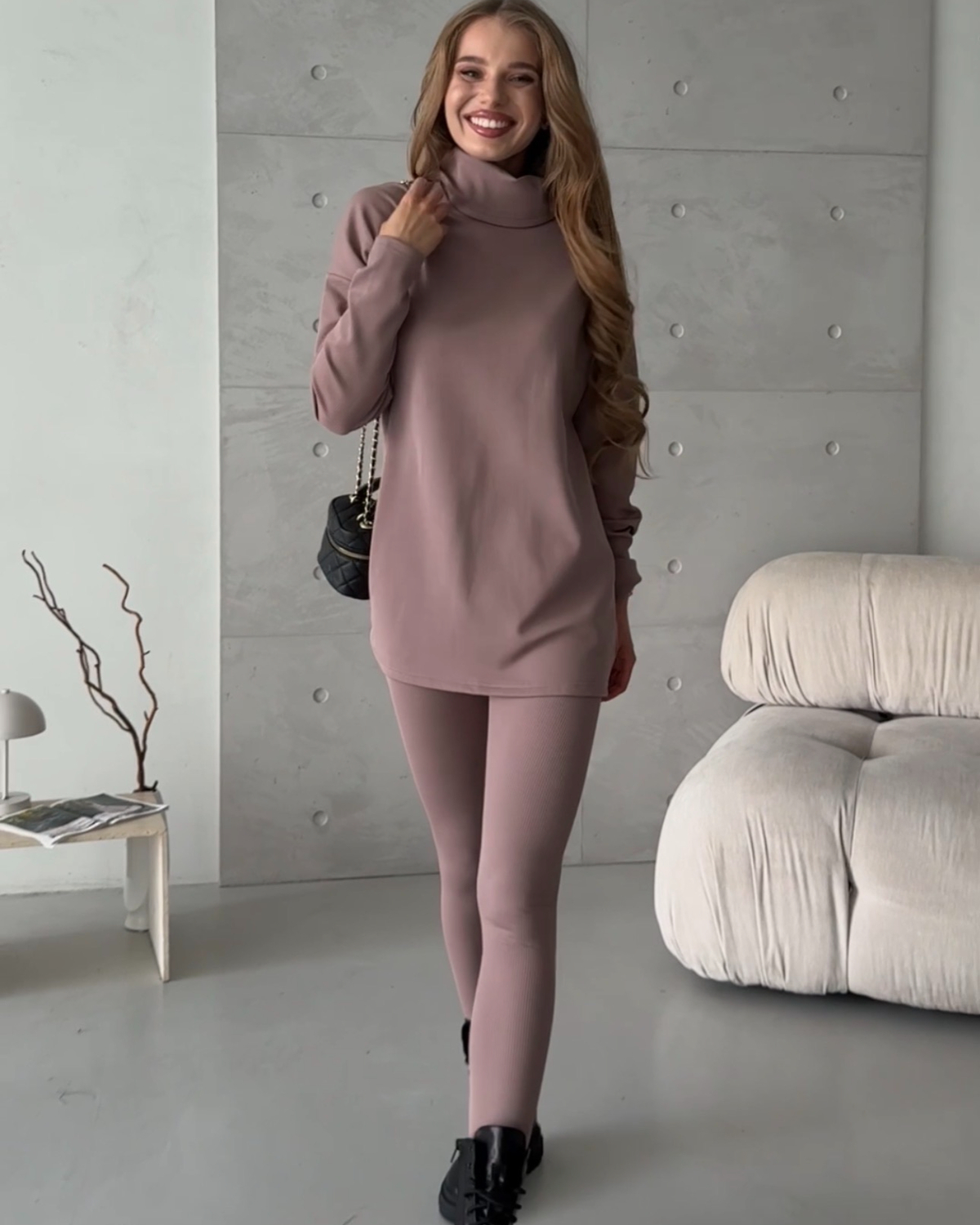 Теплый костюм лосины с кофтой в рубчик на флисе бежевый Merlini Modena
