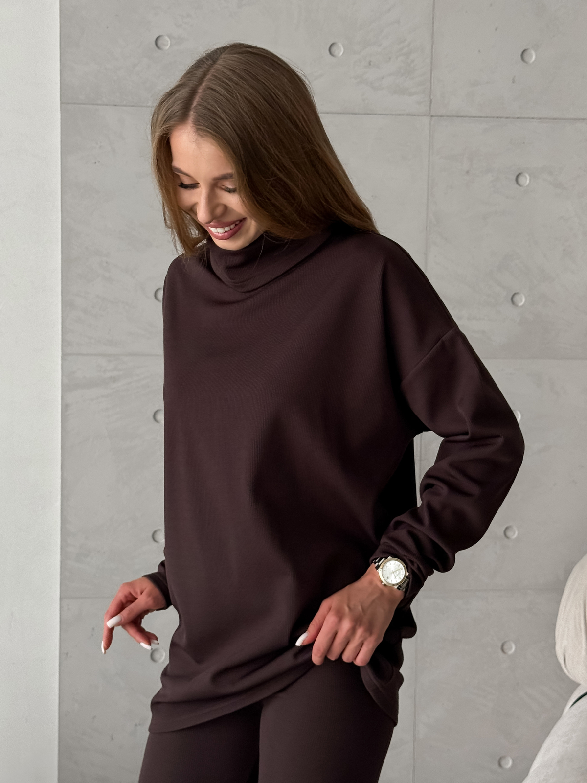 Warm chocolate fleece-lined ribbed leggings and sweatshirt suit Merlini Modena