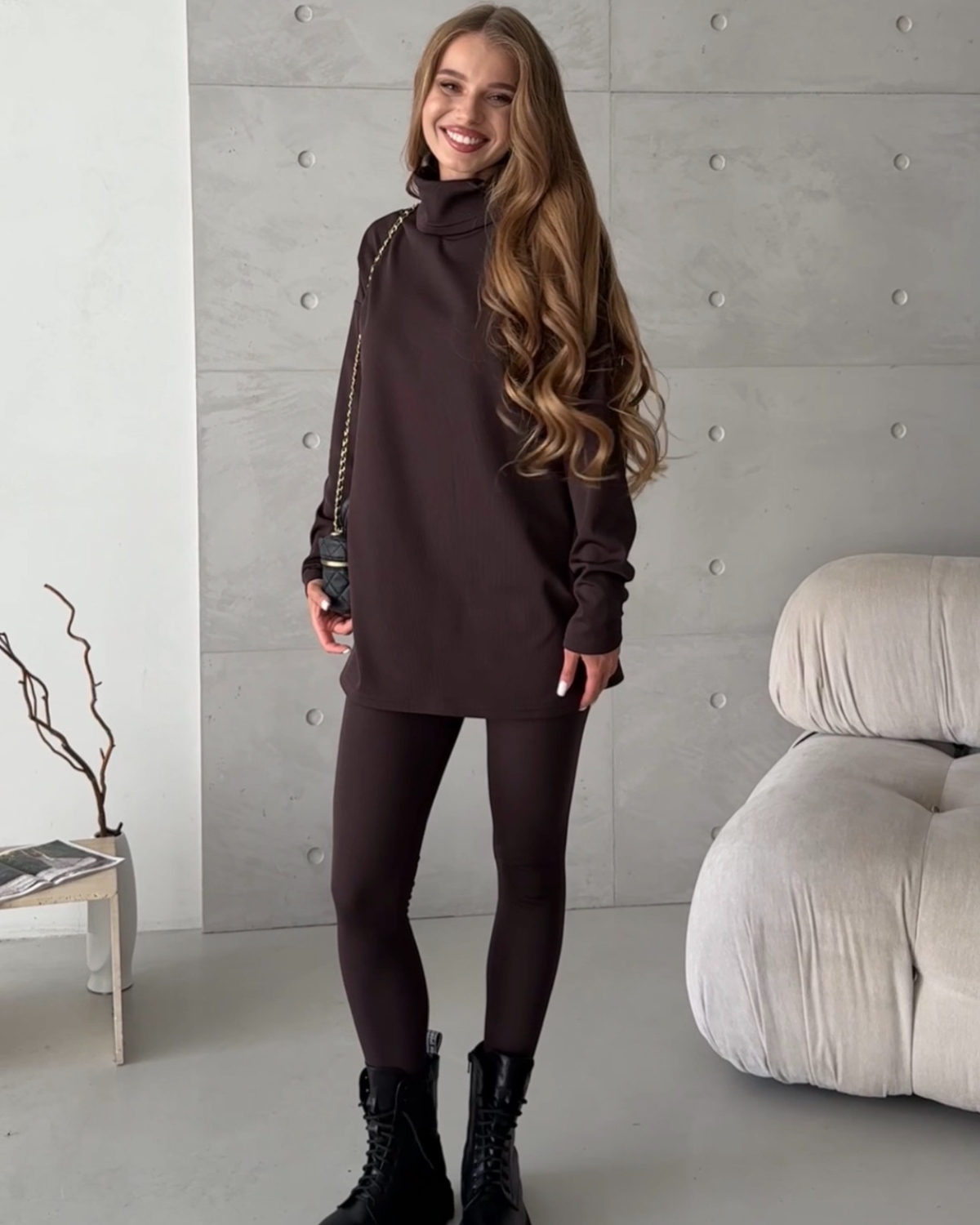 Warm chocolate fleece-lined ribbed leggings and sweatshirt suit Merlini Modena