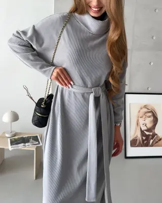 Довга сукня з пояском та високим горлом сіра Merlini Ferra