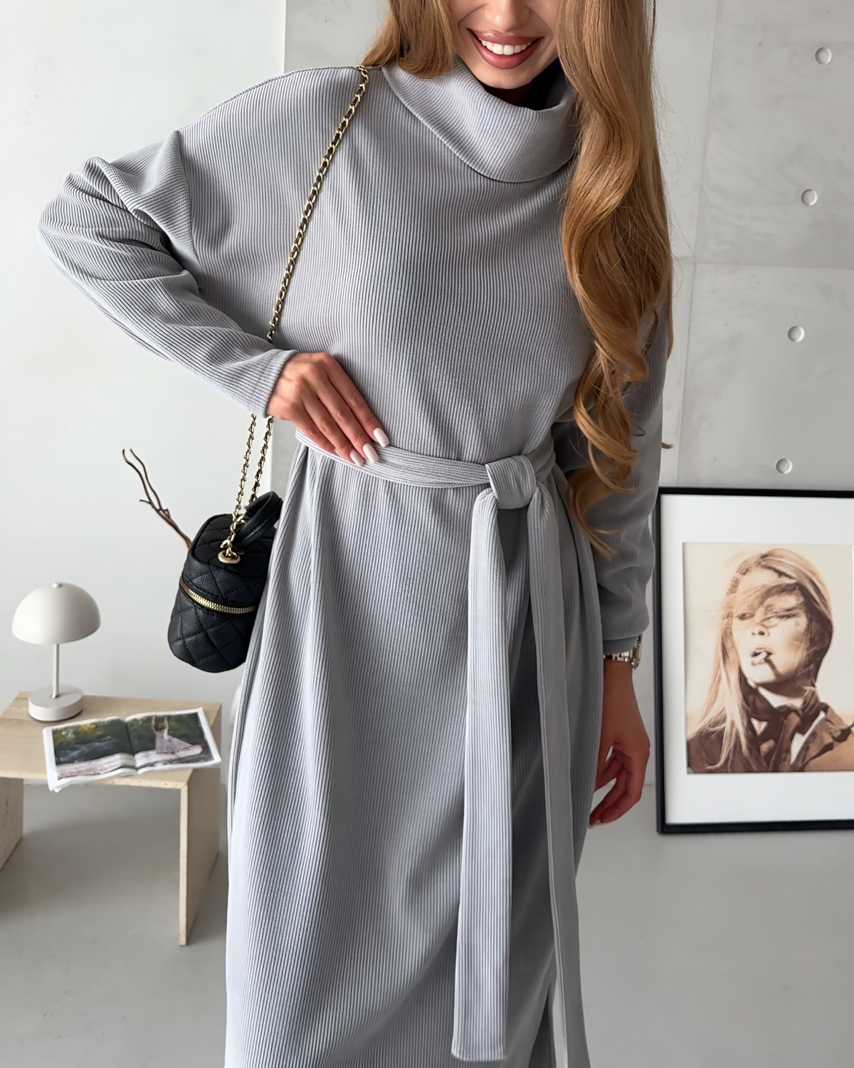 Long dress with belt and high neck grey Merlini Ferra