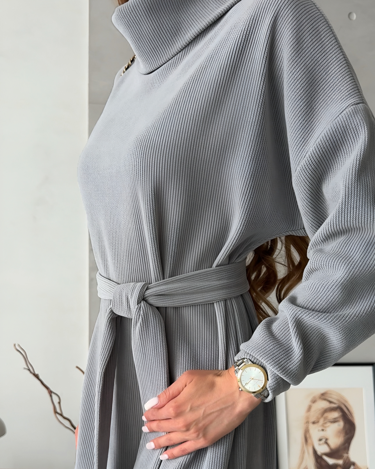 Long dress with belt and high neck grey Merlini Ferra