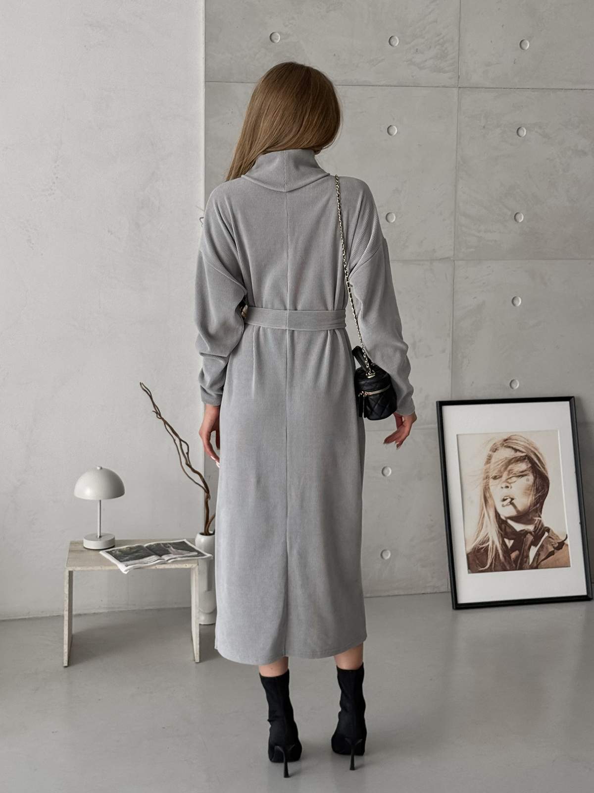 Long dress with belt and high neck grey Merlini Ferra
