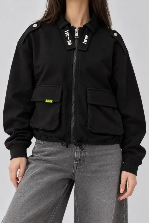 Women's solid zip-up sweatshirt, black color, 244R1807-5