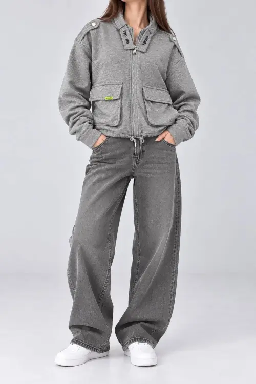 Women's solid cardigan with zipper, gray color, 244R1807-5