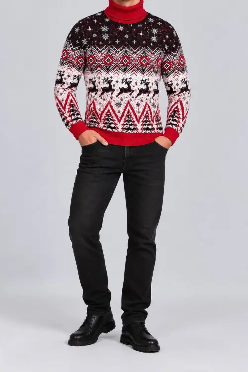 Men's Christmas Turtleneck Sweater, Red Color, 214R24713