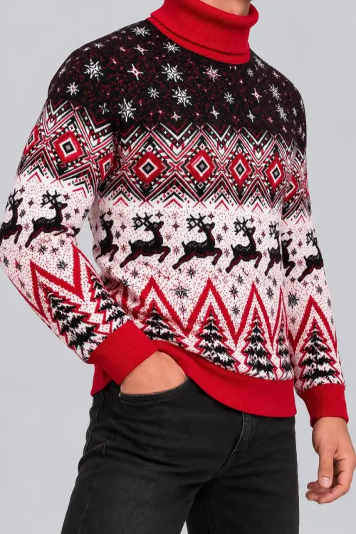Men's Christmas Turtleneck Sweater, Red Color, 214R24713