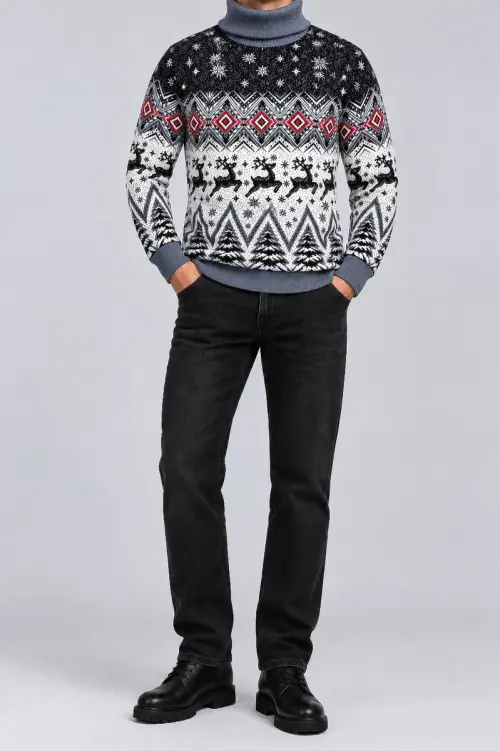 Men's New Year Sweater with High Neck, Denim Color, 214R24713