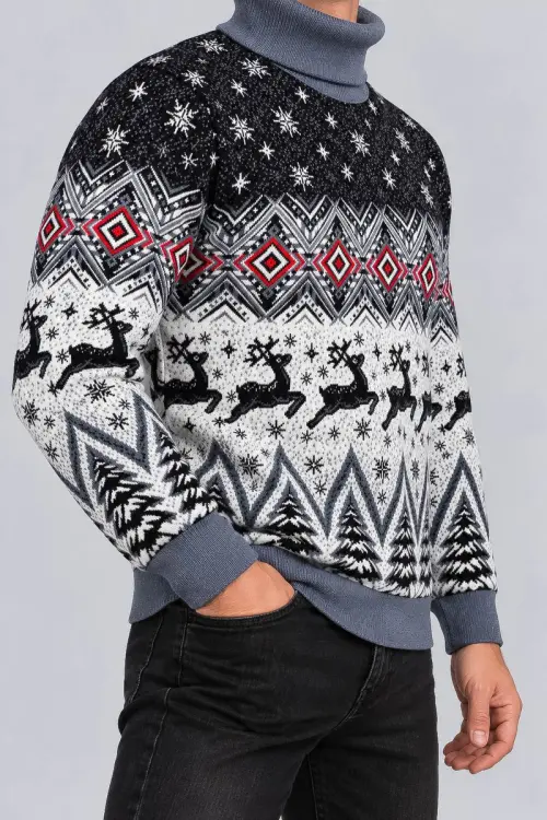 Men's New Year Sweater with High Neck, Denim Color, 214R24713