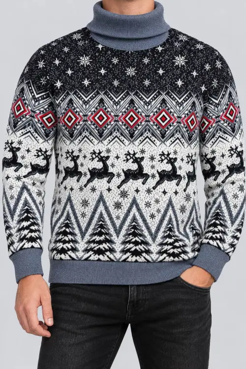 Men's New Year Sweater with High Neck, Denim Color, 214R24713