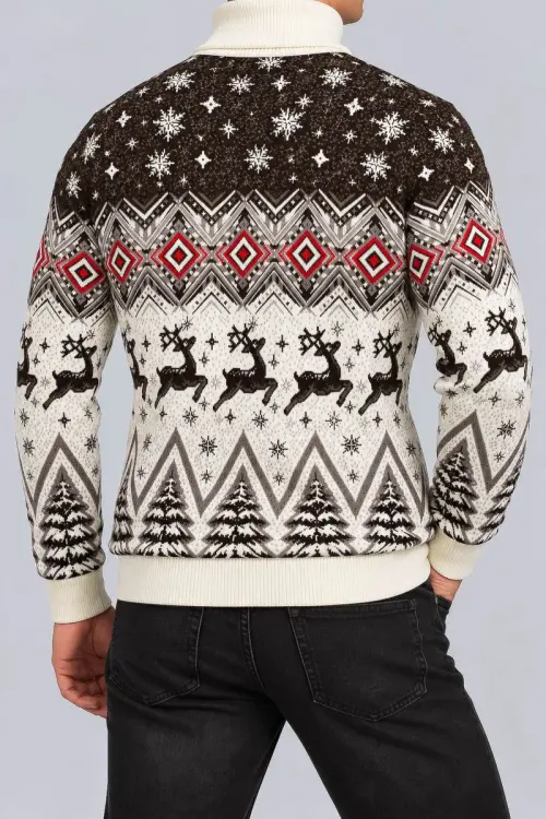 Men's New Year Sweater with High Neck, Beige, 214R24713