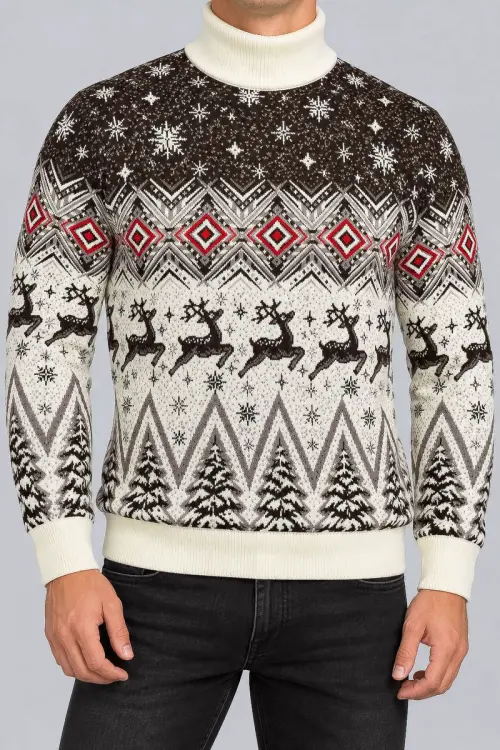 Men's New Year Sweater with High Neck, Beige, 214R24713