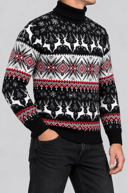 Men's Christmas Turtleneck Sweater, Black, 214R21305