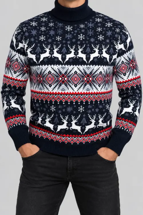 Men's New Year Sweater with High Neck, Navy Blue, 214R21305