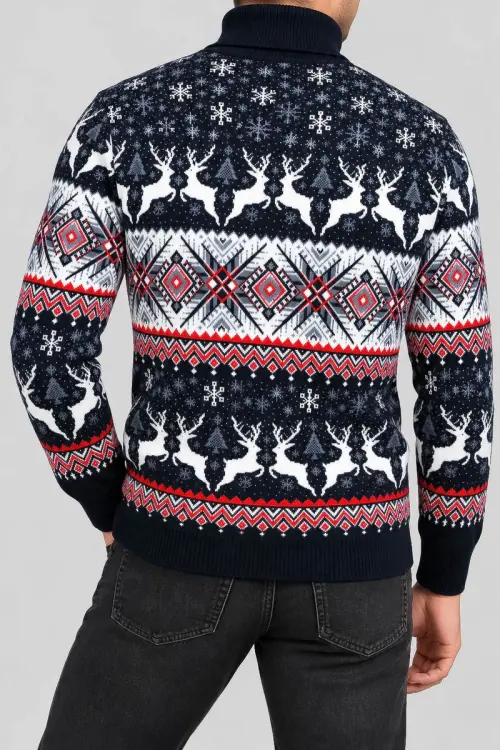 Men's New Year Sweater with High Neck, Navy Blue, 214R21305