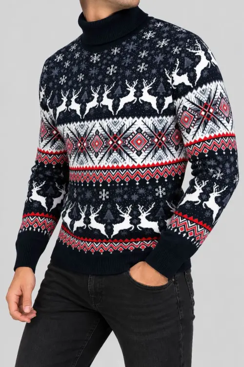 Men's New Year Sweater with High Neck, Navy Blue, 214R21305