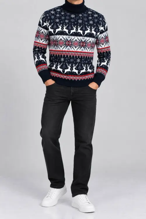 Men's New Year Sweater with High Neck, Navy Blue, 214R21305
