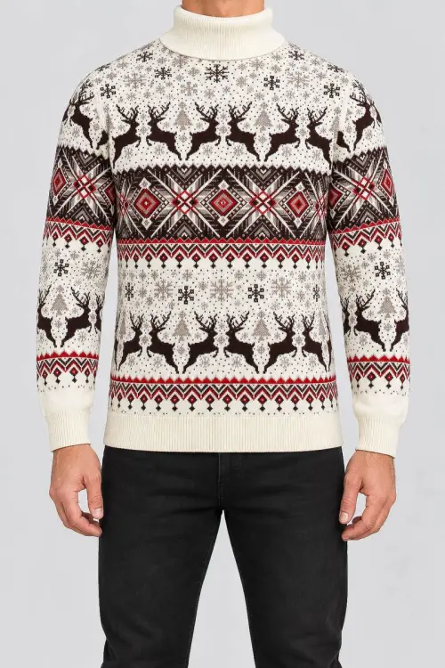 Men's New Year Sweater with Turtleneck, Cream Color, 214R21305