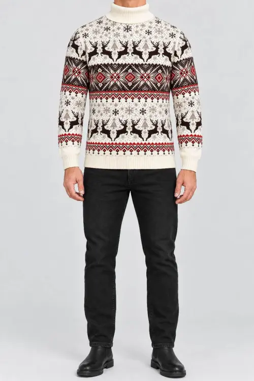 Men's New Year Sweater with Turtleneck, Cream Color, 214R21305