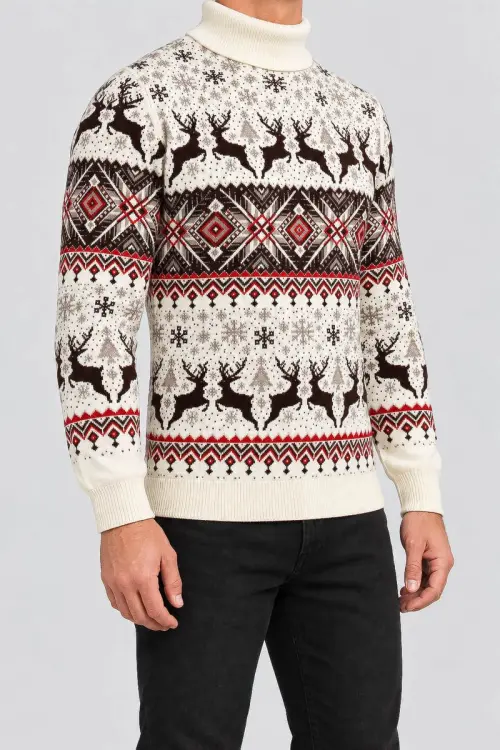 Men's New Year Sweater with Turtleneck, Cream Color, 214R21305