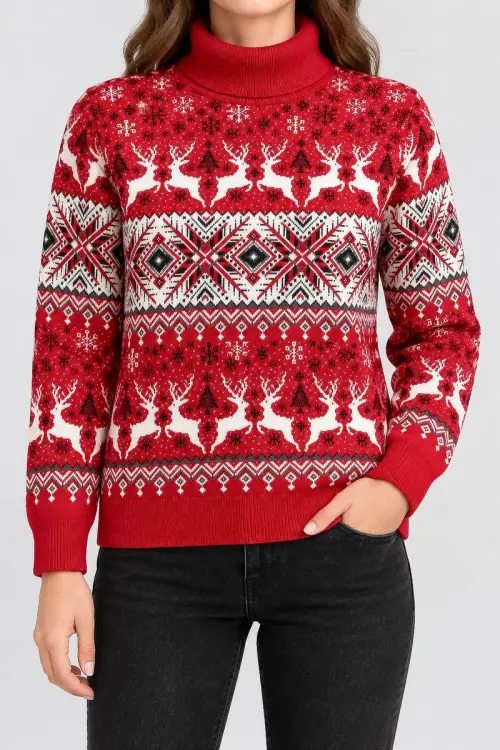 Women's New Year Turtleneck Sweater, Red, 214R21305-5
