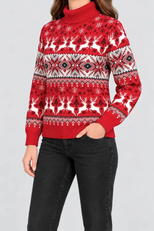 Women's New Year Turtleneck Sweater, Red, 214R21305-5