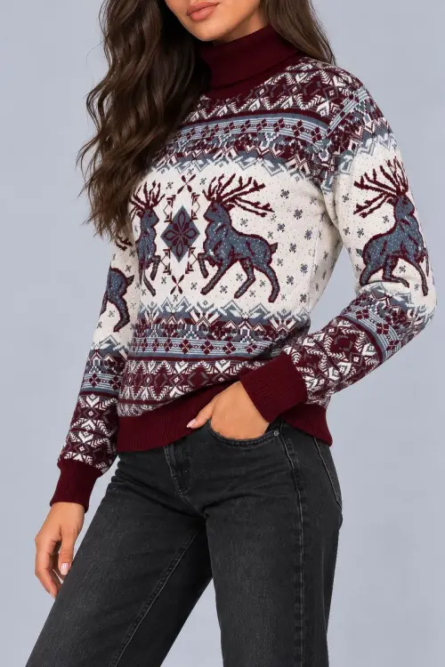 Women's Christmas Sweater, Burgundy Color, 214R21302-5