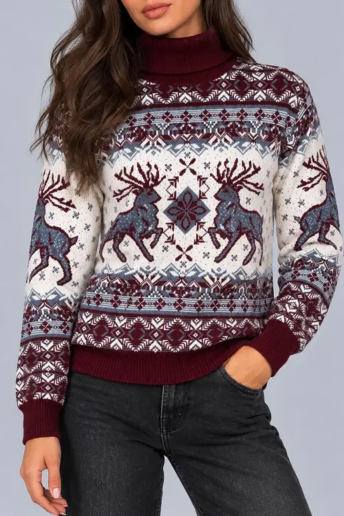 Women's Christmas Sweater, Burgundy Color, 214R21302-5