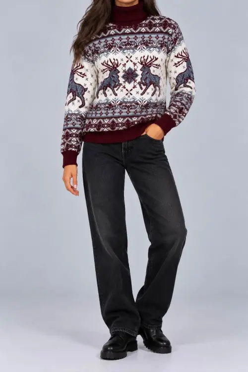 Women's Christmas Sweater, Burgundy Color, 214R21302-5