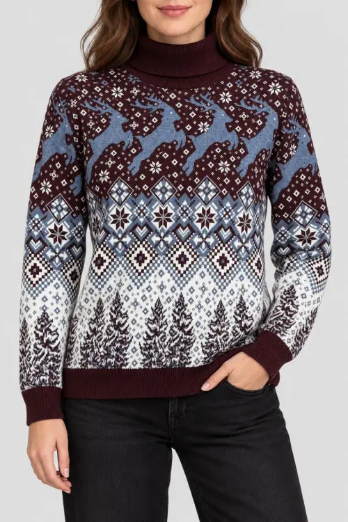 Women's Christmas Sweater, Burgundy Color, 214R21301-5